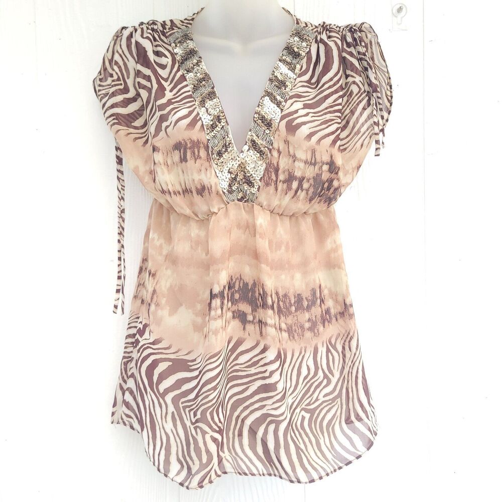 Vintage 90s Animal Print Beaded Deep V Semi Sheer Cache Swim Cover Up Size Small